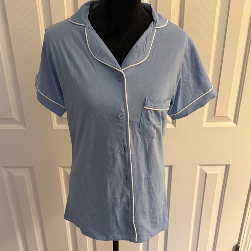 Light Blue Short Sleeve Button-Up Mastectomy top